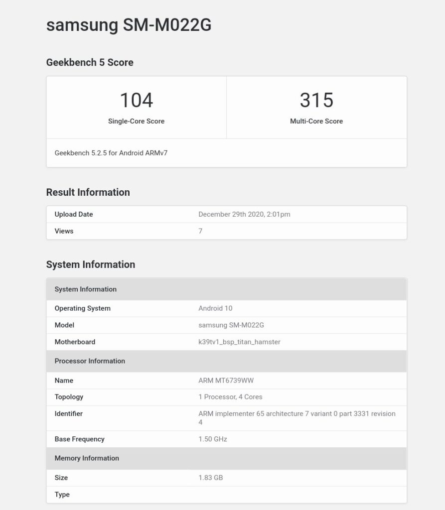 samsung m02 core spotted on Geekbench